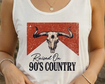 Raised On 90s Country Tank Top, Vintage Western Graphic Crop Top, Retro Country Music Racerback Tank Top, Western Cowgirl Tank Top
