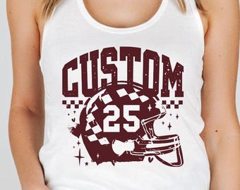 Custom Football Mascot Tank Top, Checkered Football Helmet Crop Tops, Touchdown Season Racerback Tanks