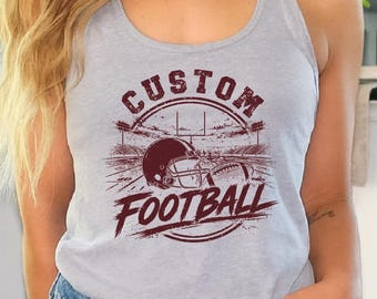 Camiseta sin mangas con mascota de fútbol personalizada, camisetas sin mangas estilo racerback de estadio de fútbol vintage, camisetas cortas con casco