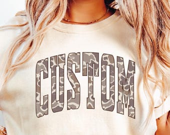 Comfort Colors Custom Text Camouflage Shirt, Custom Old School Camo Tshirt, Varsity Camo Tee, College Letters  Shirt, Camo Team Mascot Shirt