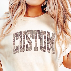 Comfort Colors Custom Text Camouflage Shirt, Custom Old School Camo Tshirt, Varsity Camo Tee, College Letters  Shirt, Camo Team Mascot Shirt