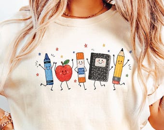Camiseta de útiles escolares, camiseta de regreso a clases, camiseta de cuaderno con crayón y Apple Pencil