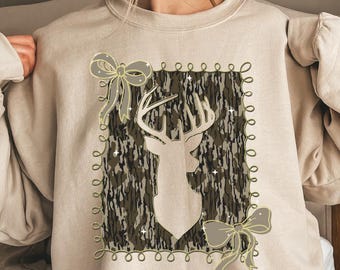 Camo Deer Hunting Sweatshirt, Coquette Hunting Sweater, Hunter Wife Hoodie