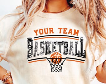 T-shirt mascotte de basket-ball personnalisé Comfort Colors, T-shirt de basket-ball de votre équipe, T-shirt de basket-ball avec nom personnalisé, T-shirt de basket-ball de lycée