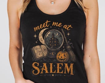 Camiseta sin mangas estilo racerback "Meet Me At Salem", crop tops de Halloween con temática de brujas, camisetas sin mangas para la temporada de Halloween.