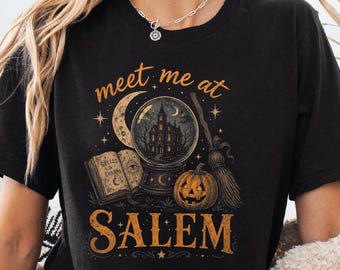 Camiseta "Meet Me At Salem", camiseta de Halloween con temática de brujas, camiseta para la temporada de Halloween.