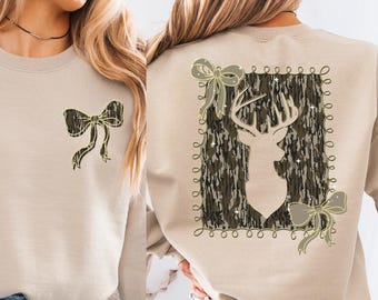 Deer Camo Coquette Hunting Sweatshirt, Camo Bow Sweater, Hunter Wife Hoodie, BP