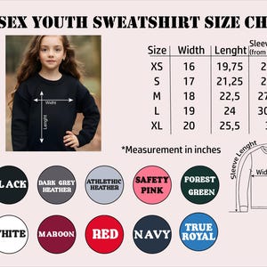 The image is a youth sweatshirt size chart that includes a photograph of a young girl wearing a black sweatshirt, along with measurements and color options for different sizes.