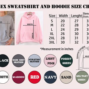 The image is a color chart and size chart for a unisex sweatshirt and hoodie, providing measurements and color options for different sizes.