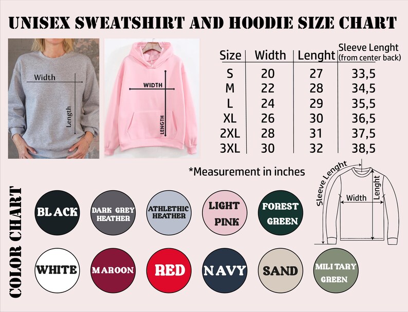 The image is a color chart and size chart for a unisex sweatshirt and hoodie, providing measurements and color options for different sizes.