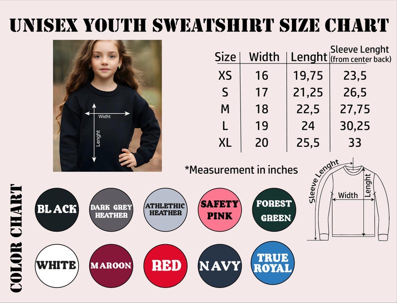 The image is a youth sweatshirt size chart that includes a photograph of a young girl wearing a black sweatshirt, along with measurements and color options for different sizes.