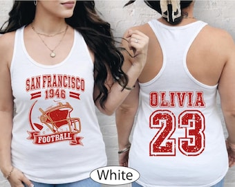 Camiseta sin mangas estilo racerback personalizada de San Francisco Football, nombre y número de la camiseta, crop top de San Francisco, BP