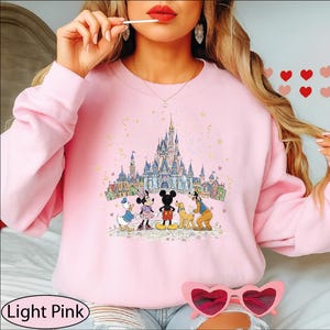 A woman wearing a pink sweatshirt with a Disney castle and characters printed on it, along with pink sunglasses.