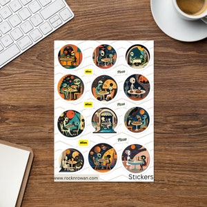 May include: A sheet of 10 round stickers featuring illustrations of aliens eating pizza. The stickers are white with a black outline and feature a variety of colorful backgrounds. The text "Alien" and "Pizza" are printed in yellow on the stickers. The text "www.rocknrowan.com" and "Stickers" are printed at the bottom of the sheet.