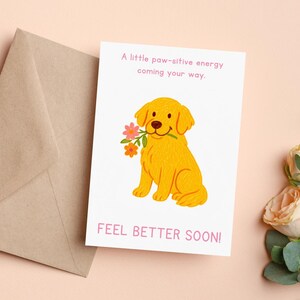 Carte de guérison pour chien, carte pour se sentir mieux bientôt, golden retriever mignon tenant des fleurs, carte d'encouragement, carte de réconfort pour amoureux des chiens