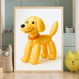 Cute Yellow Dog Toy Art Printable, Pop Style Puppy Wall Art, Smiling Cartoon Dog Poster, Vertical Digital Download for Kids Decor