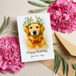 Cartão de aniversário para Golden Retriever para impressão, cartão de feliz aniversário com estampa floral para cachorro, cartão de felicitações 5x7", download instantâneo, presente para amantes de animais de estimação