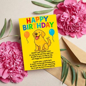 Carte d'anniversaire drôle de chien, cadeau d'anniversaire de Golden Retriever, poème d'anniversaire de chiot, carte numérique d'amant de chien, salutation mignonne d'animal de compagnie, téléchargement numérique