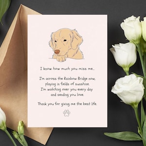 Sympathiekaart hond, bericht Rainbow Bridge, Golden Retriever Memorial Card, kaart verlies huisdier, citaat hond hemel, rouwkaart, condoleancekaart huisdier
