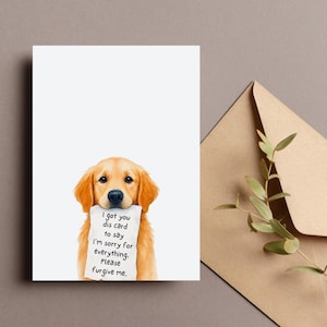 Carte d'excuses drôle de chien, cadeau chien désolé, carte Golden Retriever, je suis désolé, carte de voeux pardonnez-moi, chiot tenant une carte de correspondance, téléchargement numérique