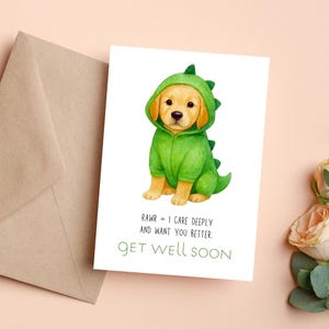 Cartão de melhoras, Cartão fofo de recuperação de cachorro, Golden Retriever fantasiado de dinossauro, Cartão engraçado de melhoras, Presente para melhoras, Download digital