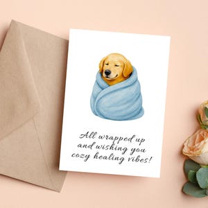 Get Well Soon chien carte, carte de guérison confortable Golden Retriever, carte de voeux chien mignon, téléchargement numérique, carte imprimable, 5 x 7 pouces