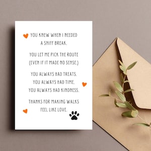 Carte de remerciement pour promeneur de chien, cadeau imprimable pour gardienne d'animaux de compagnie, carte numérique poème chien drôle, appréciation de 5 x 7 pattes, cadeau minimaliste pour amoureux des chiens