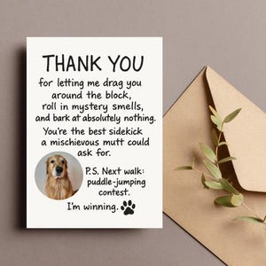 Tarjeta de agradecimiento personalizada para paseador de perros, tarjeta personalizada para mascota con foto, regalo editable para amantes de los perros, humor canino travieso, 5x7", descarga digital