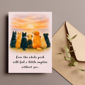 Carte d'adieu chien, cadeau d'adieu chien, carte d'adieu, carte de départ d'animal de compagnie imprimable, illustration de chiens coucher de soleil, carte 5 x 7, cadeau d'adieu groupe de chiens