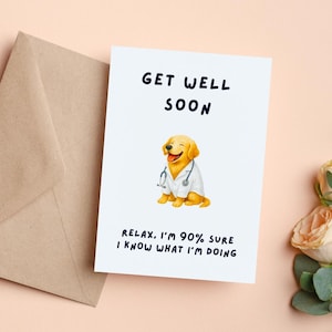 Carte de chien drôle Get Well Soon, carte imprimable médecin Golden Retriever, 5 x 7" plat et plié, aquarelle réconfort, carte d'encouragement pour chien