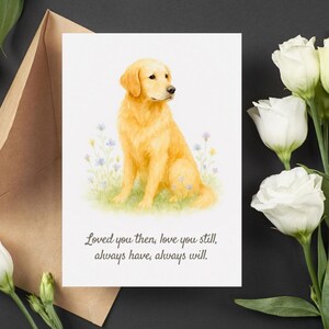 Biglietto di condoglianze per cani, biglietto per la perdita di un animale domestico, stampa ad acquerello di Golden Retriever, arte del Ponte dell'Arcobaleno, ricordo di un cane, regalo per il dolore di un animale domestico, biglietto con fiori per cani