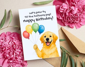 Funny Dog Birthday Card, Golden Retriever Balloons Card Printable, Puppy Birthday Card, Folded & Flat 5x7 Card, Instant Download