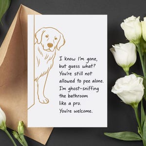 犬のお悔やみカード、犬の死を悼む印刷物、ゴールデンレトリバーの天国カード、折りたたみ式で平らな5x7インチ、面白い犬のお別れ、一人でおしっこをしない