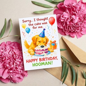 Cartão de aniversário engraçado para cachorro, bolo de Golden Retriever para imprimir, arte de cachorro com chapéu de festa, cartão de felicitações para animais de estimação, cartão de cachorro 5x7, presente de aniversário para amantes de cães