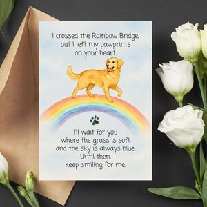 Carte de sympathie pour chien pont arc-en-ciel, impression de perte d'animal de compagnie Golden Retriever, carte commémorative arc-en-ciel, carte souvenir chien, carte pliée et plate