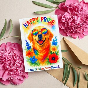 Carte Happy Pride, carte de voeux LGBTQ, carte Happy Pride Golden Retriever, art mural chien arc-en-ciel, impression d'art numérique fierté, décoration chien fierté