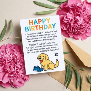 Tarjeta de cumpleaños divertida para perro, poema de cumpleaños para golden retriever, linda tarjeta imprimible para mascotas, poema de feliz cumpleaños, 13x18 cm, doblada y plana, descarga digital