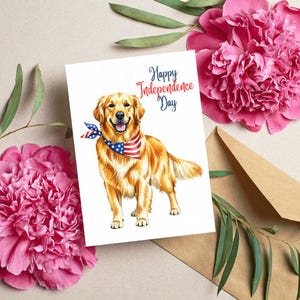Biglietto d'auguri per il Giorno dell'Indipendenza del Cane, Illustrazione di Golden Retriever, Illustrazione di un Cane Patriottico Festivo, Biglietto per il 4 Luglio, Download Digitale