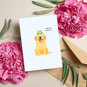 Regalo per il migliore amico, biglietto d'auguri per il migliore amico, biglietto con Golden Retriever e rana, stampa divertente dell'amicizia con animali, biglietto "Amici per sempre", download digitale