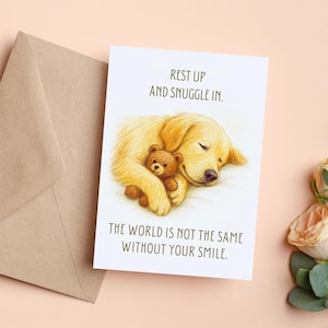 Carte de rétablissement pour chien, carte Golden Retriever se sentir mieux bientôt, chiot mignon avec illustration d'ours en peluche, téléchargement numérique, carte de récupération de chien