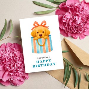 Golden Retriever Birthday Card, Surprise Puppy Gift Card, Dog Birthday Card, Cute Pet Greeting, Happy Birthday Card, Digital Download