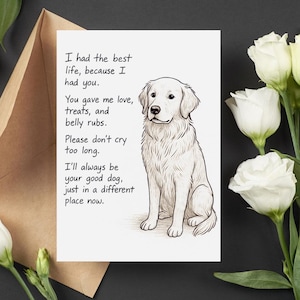 Tarjeta de condolencias para perros, tarjeta imprimible para la pérdida de una mascota, conmemorativa de un golden retriever, plegada y plana (5x7 pulgadas), descarga digital, regalo para dueños de mascotas.