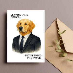 Carte d'adieu drôle, carte de bureau Golden Retriever, chien en costume imprimable, carte humour de départ, pliée et plat 5 x 7, téléchargement numérique