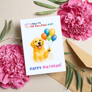 Cartão de aniversário engraçado para cachorro, cartão com balões para impressão de Golden Retriever, cartão de aniversário com cachorrinhos, cartão dobrado e plano 5x7, download instantâneo