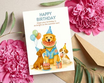 Funny Dog Birthday Card, Summer Birthday Printable, Golden Retriever Party Card, Digital Dog Greeting, Watercolor Puppy, Digital Download