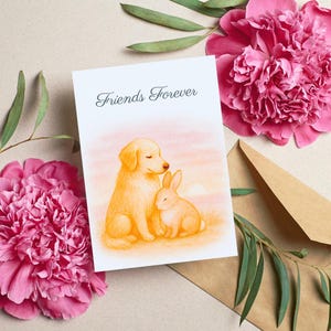 Regalo per il migliore amico, biglietto d'auguri per il migliore amico, disegno dell'amicizia tra cane e coniglio, stampabile "Amici per sempre", stampa di animali "Miglior amico", biglietto "Miglior amico", download digitale