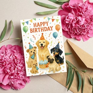 Hund Geburtstagskarte druckbare, süße Welpen Party Grußkarte, gefaltet & flache 5 x 7 digitale Karte, lustiger Hunde-Liebhaber Geburtstagsgeschenk, Instant Download