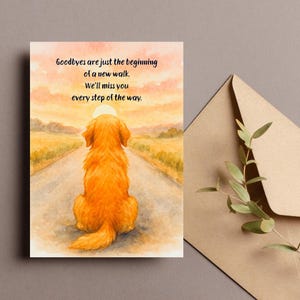 Carte d'adieu chien, cadeau d'adieu chien, carte d'adieu Golden Retriever, coucher de soleil aquarelle, carte de départ de collègue, téléchargement numérique