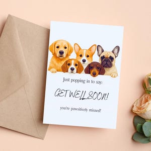 Biglietto di auguri per cani, "Guarisci presto", "Ti sentirai meglio presto", regalo di buon umore, acquerello di un cucciolo, auguri piegati e piatti 5x7, download digitale