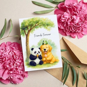 Regalo para mejor amiga, tarjeta para mejor amiga, linda amistad animal, tarjeta para siempre, tarjeta de golden retriever y panda, tarjeta para mejores amigas, descarga digital